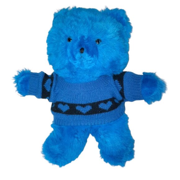 Vintage Mervyn's Blue Bear With Knit Hearts Sweater Plush Stuffed Toy 15" - Picture 1 of 8